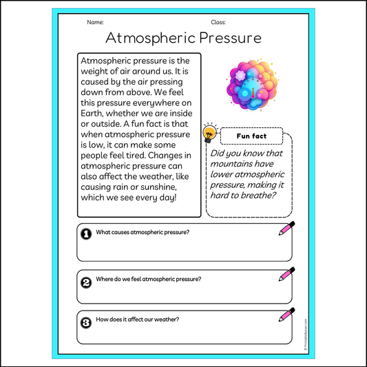 Atmospheric Pressure | Reading Passage Comprehension Questions Writing Facts Worksheet