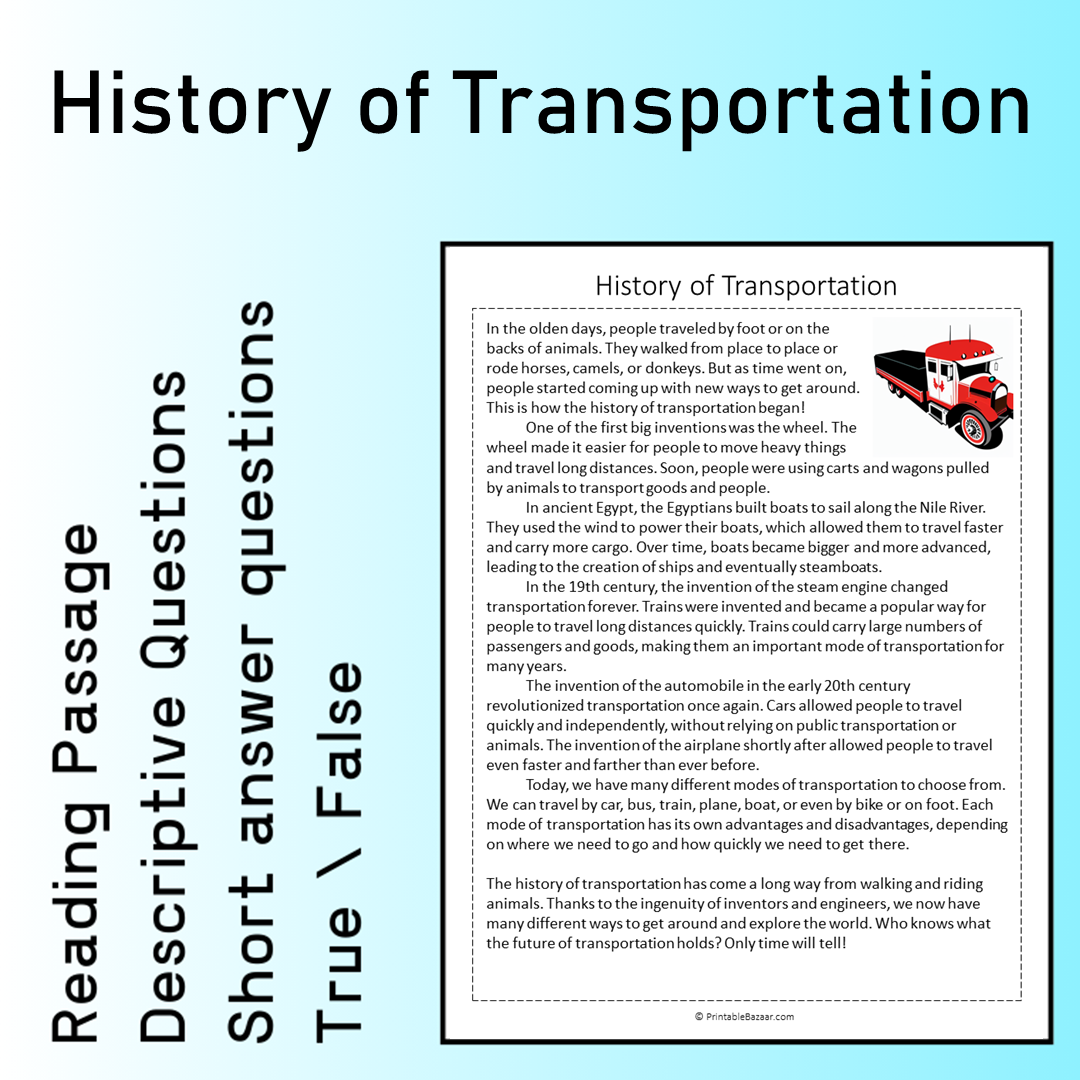 History of Transportation | Reading Comprehension Passage Printable Worksheet