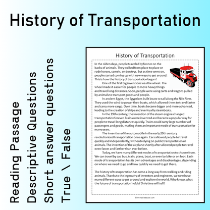 History of Transportation | Reading Comprehension Passage Printable Worksheet