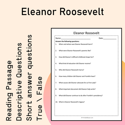 Eleanor Roosevelt | Reading Comprehension Passage Printable Activity