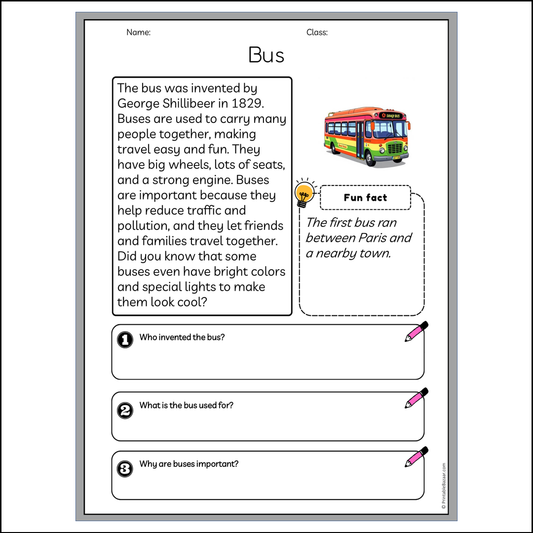 Bus | Reading Passage Comprehension Questions Writing Facts Worksheet