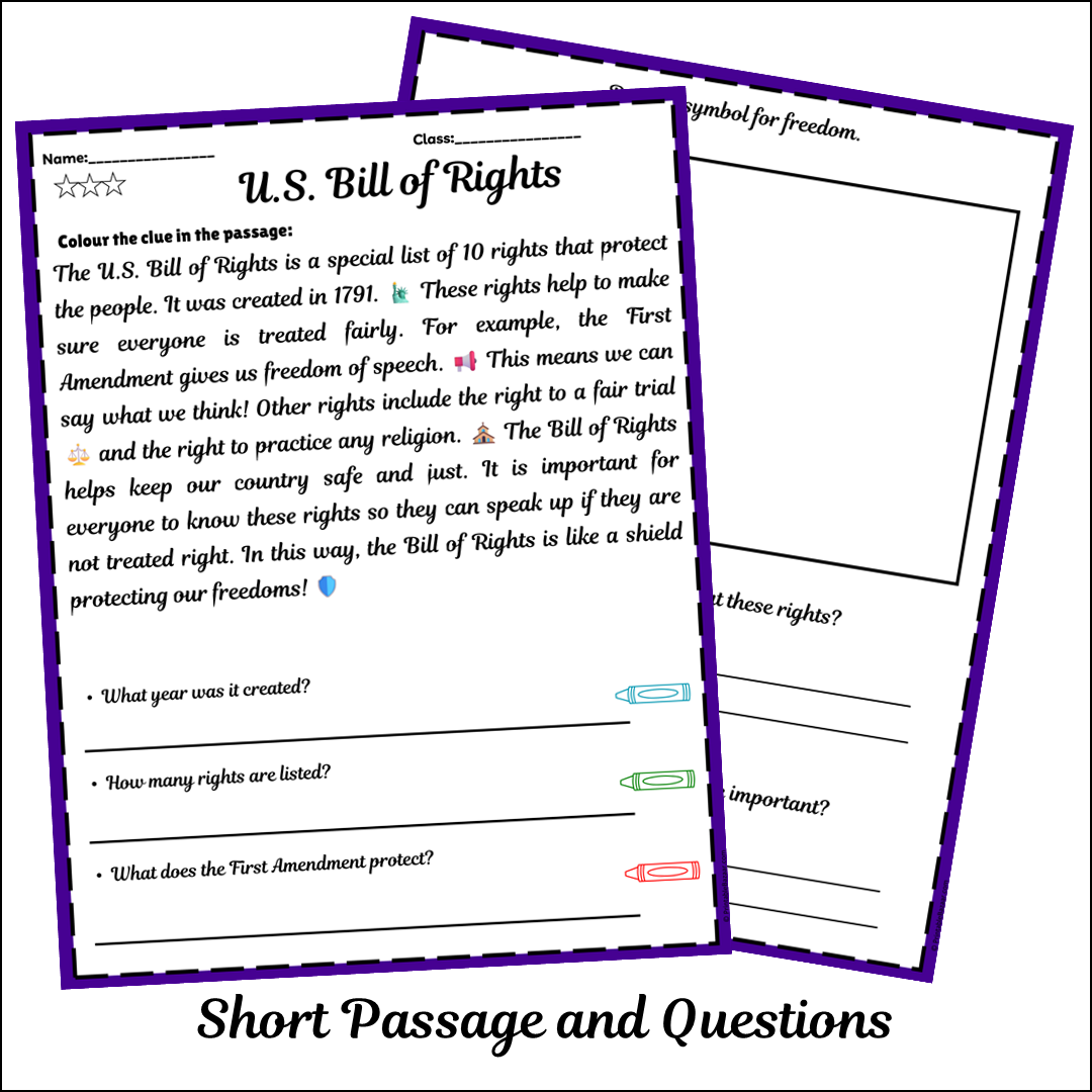 U.S. Bill of Rights | Short Reading Comprehension Creative Worksheet