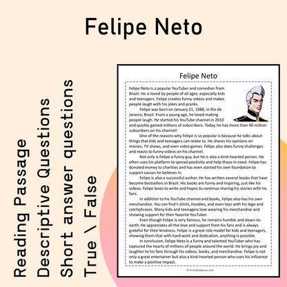 Felipe Neto | Reading Comprehension Passage Printable Activity