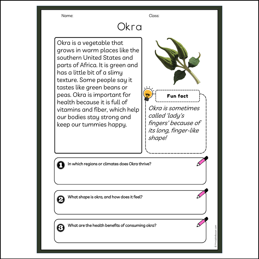 Okra | Reading Passage Comprehension Questions Writing Facts Worksheet