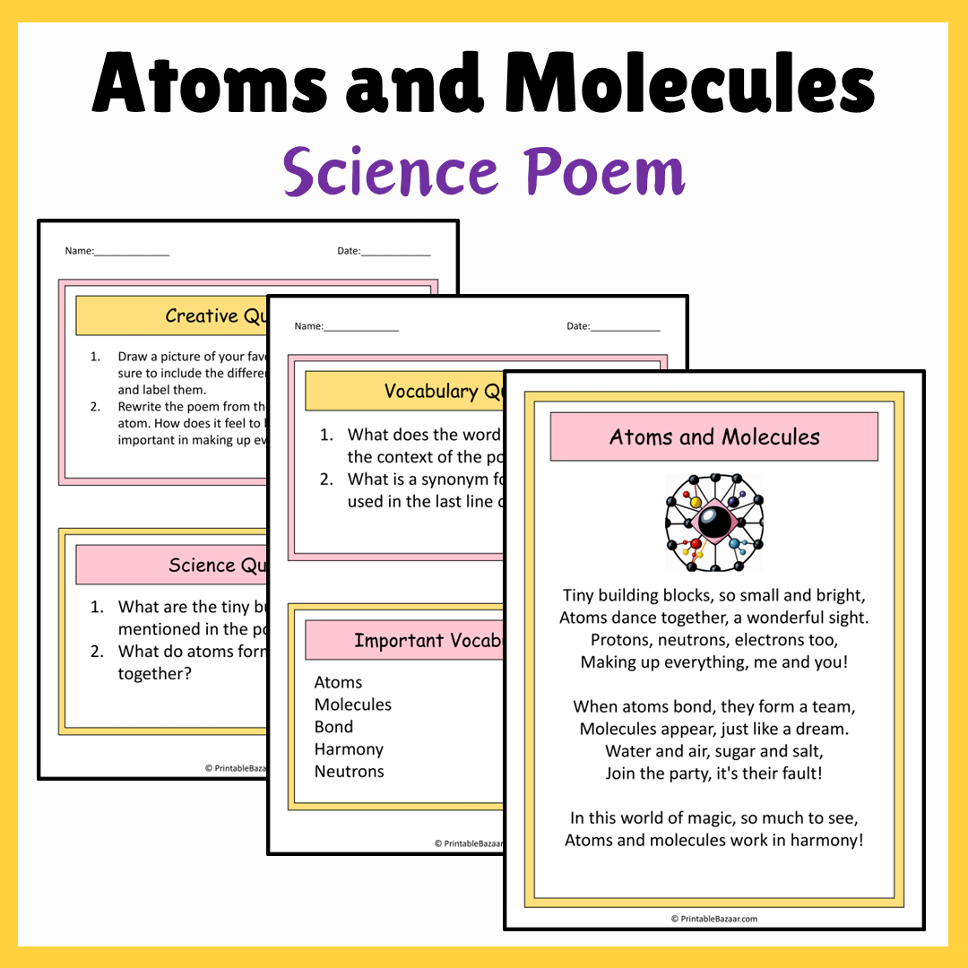 Atoms and Molecules | Science Poem Reading Comprehension Activity