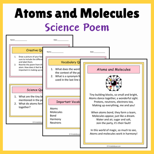 Atoms and Molecules | Science Poem Reading Comprehension Activity