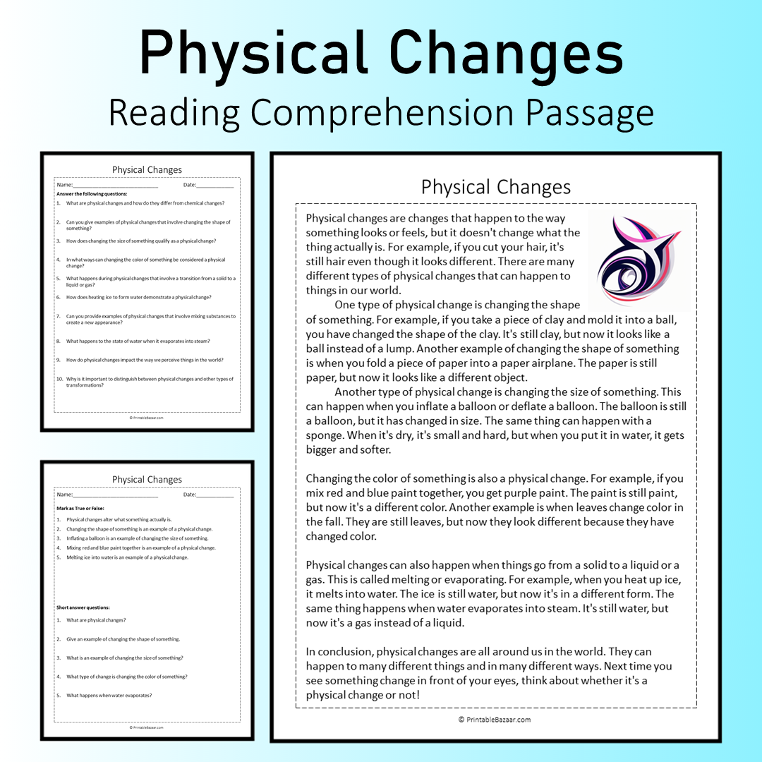 Physical Changes | Reading Comprehension Passage Printable Worksheet