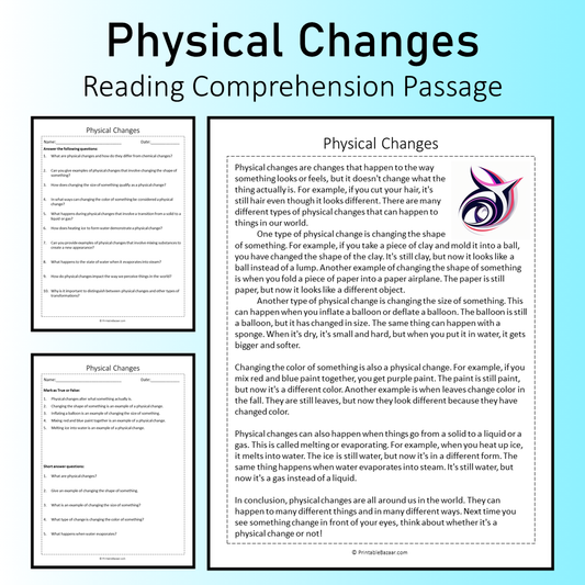 Physical Changes | Reading Comprehension Passage Printable Worksheet