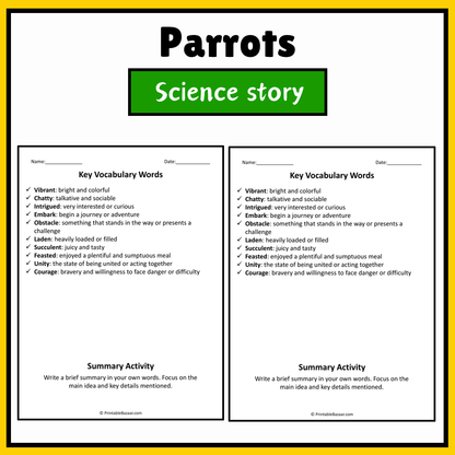 Parrots | Science Story Reading Comprehension Activity