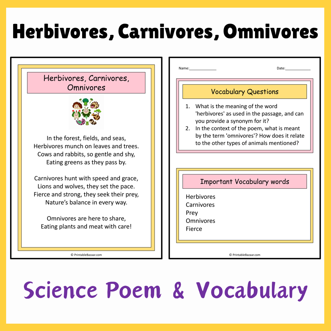 Herbivores, Carnivores, Omnivores | Science Poem Reading Comprehension Activity