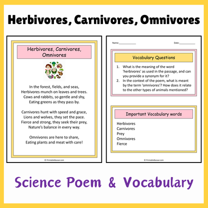 Herbivores, Carnivores, Omnivores | Science Poem Reading Comprehension Activity