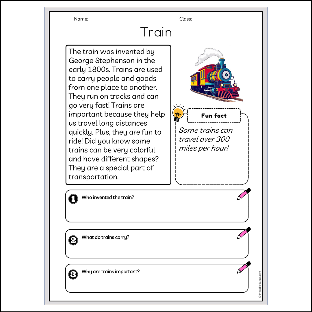 Train | Reading Passage Comprehension Questions Writing Facts Worksheet