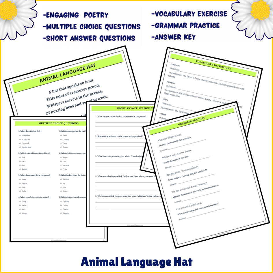 Animal Language Hat | Poem Grammar Worksheet Printable Activity