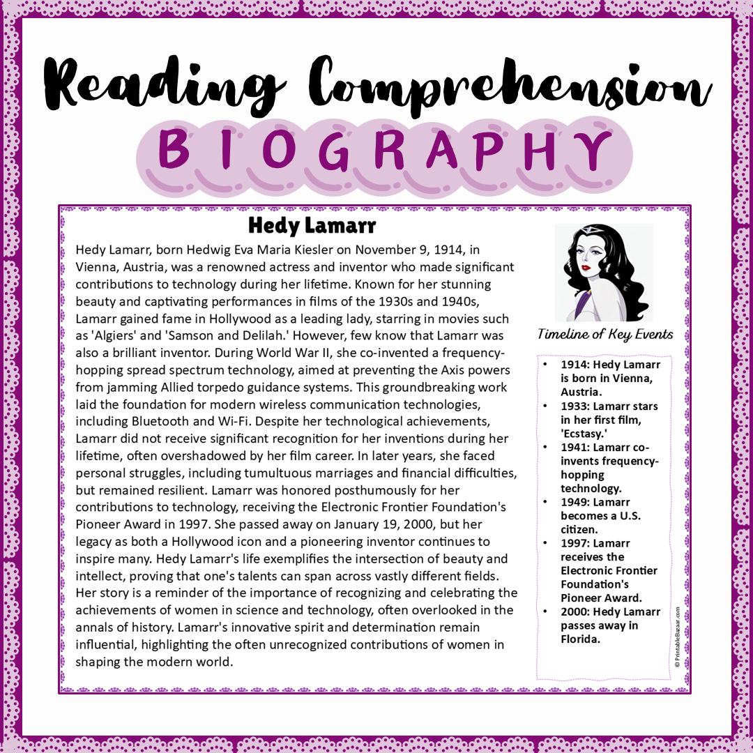 Hedy Lamarr | Biography Reading Comprehension and Questions Worksheet