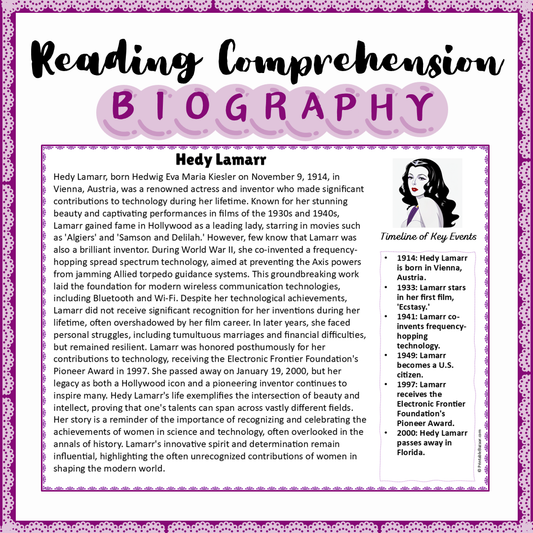 Hedy Lamarr | Biography Reading Comprehension and Questions Worksheet