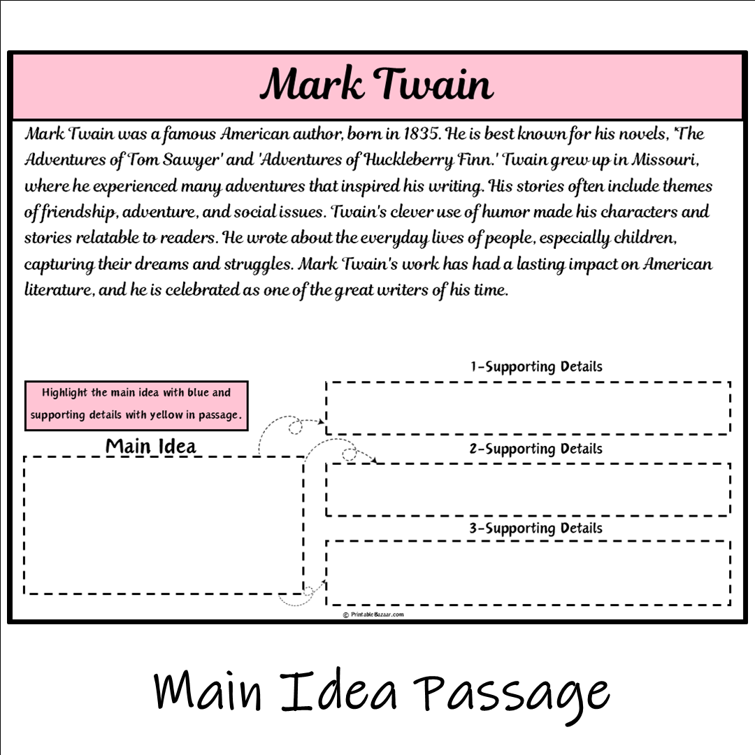 Mark Twain | Main Idea and Supporting Details Reading Passage and Questions