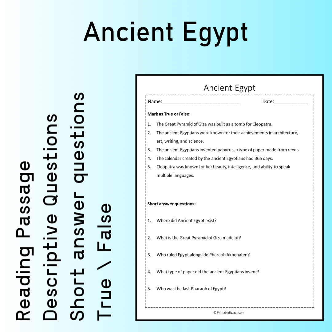 Ancient Egypt | Reading Comprehension Passage Printable Worksheet