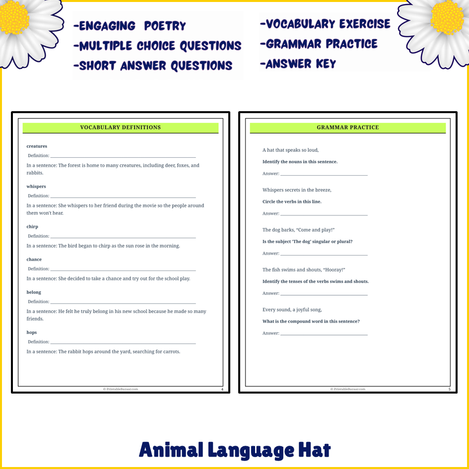 Animal Language Hat | Poem Grammar Worksheet Printable Activity