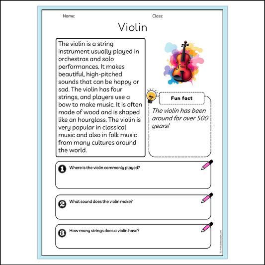 Violin | Reading Passage Comprehension Questions Writing Facts Worksheet