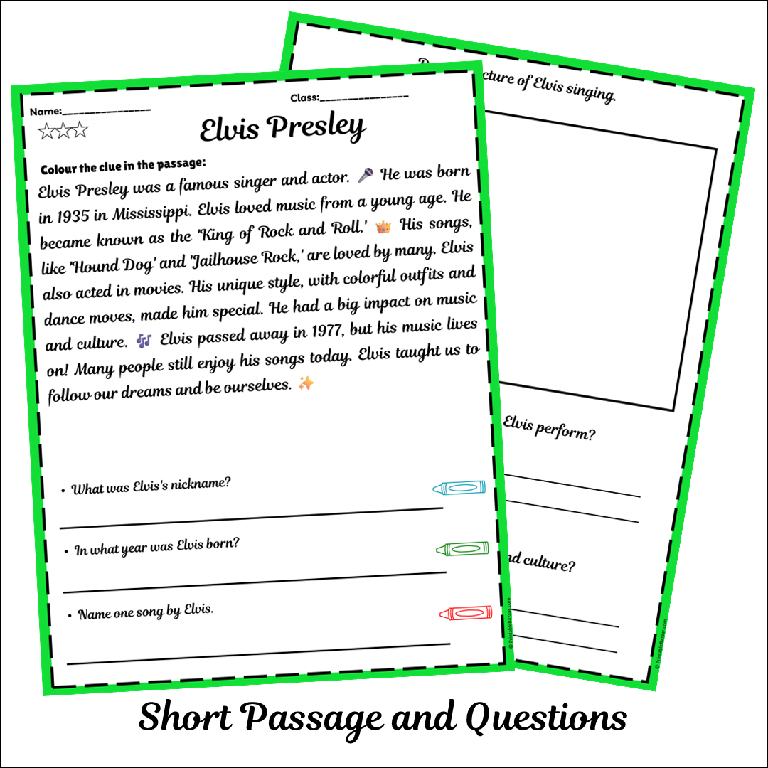 Elvis Presley | Short Reading Comprehension Creative Worksheet
