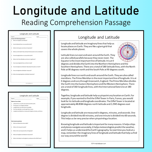 Longitude and Latitude | Reading Comprehension Passage Printable Worksheet