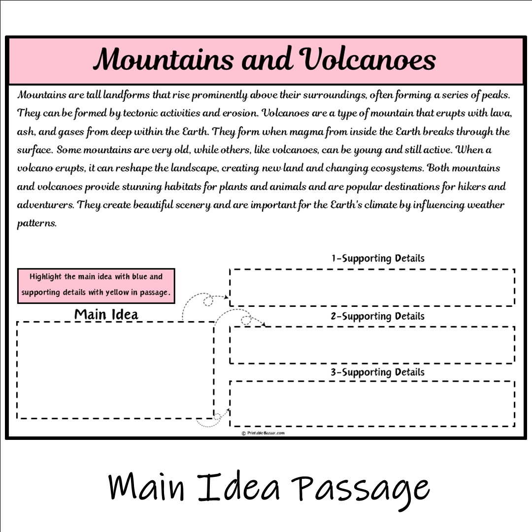 Mountains and Volcanoes | Main Idea and Supporting Details Reading Passage and Questions