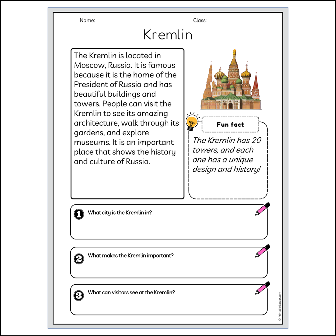 Kremlin | Reading Passage Comprehension Questions Writing Facts Worksheet