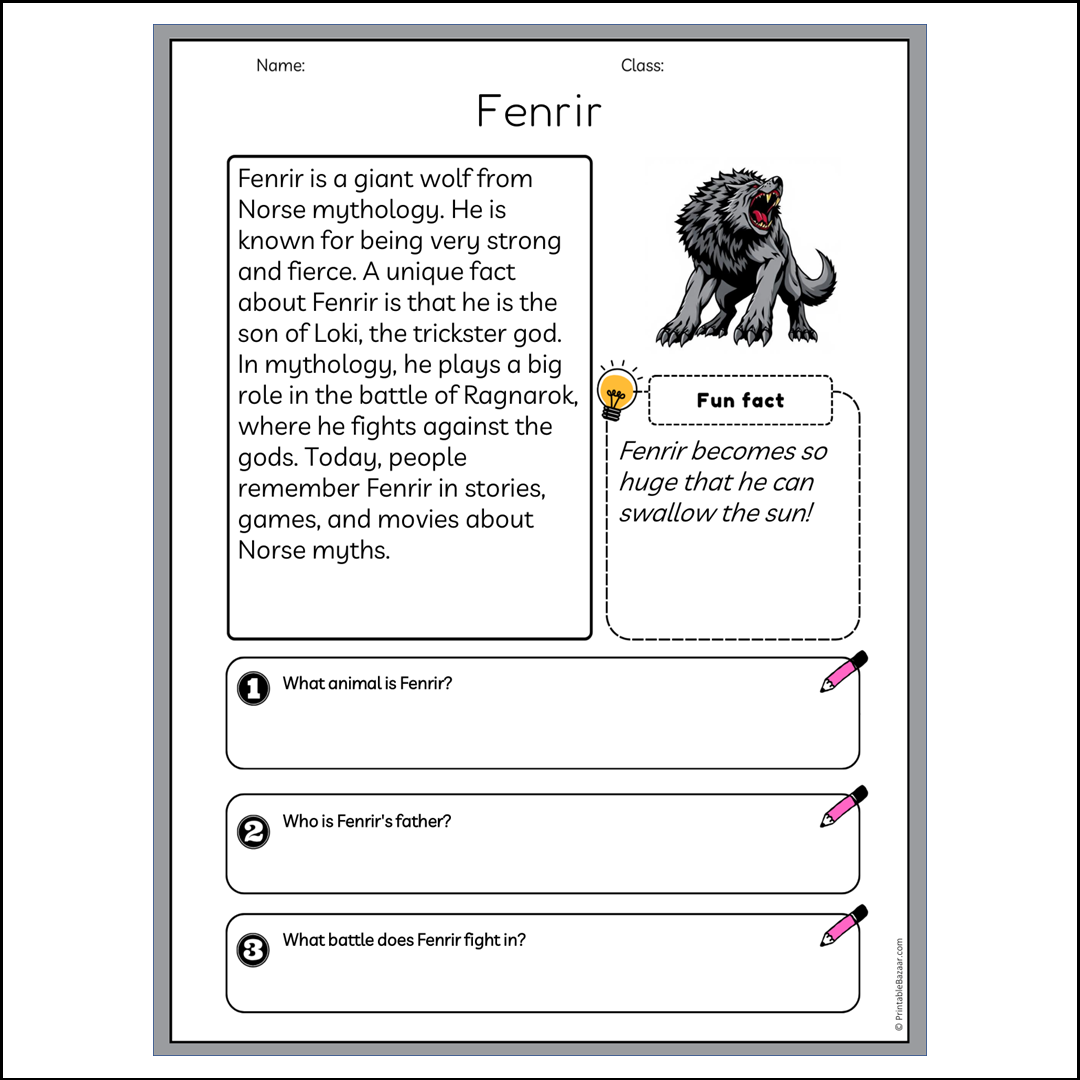 Fenrir | Reading Passage Comprehension Questions Writing Facts Worksheet