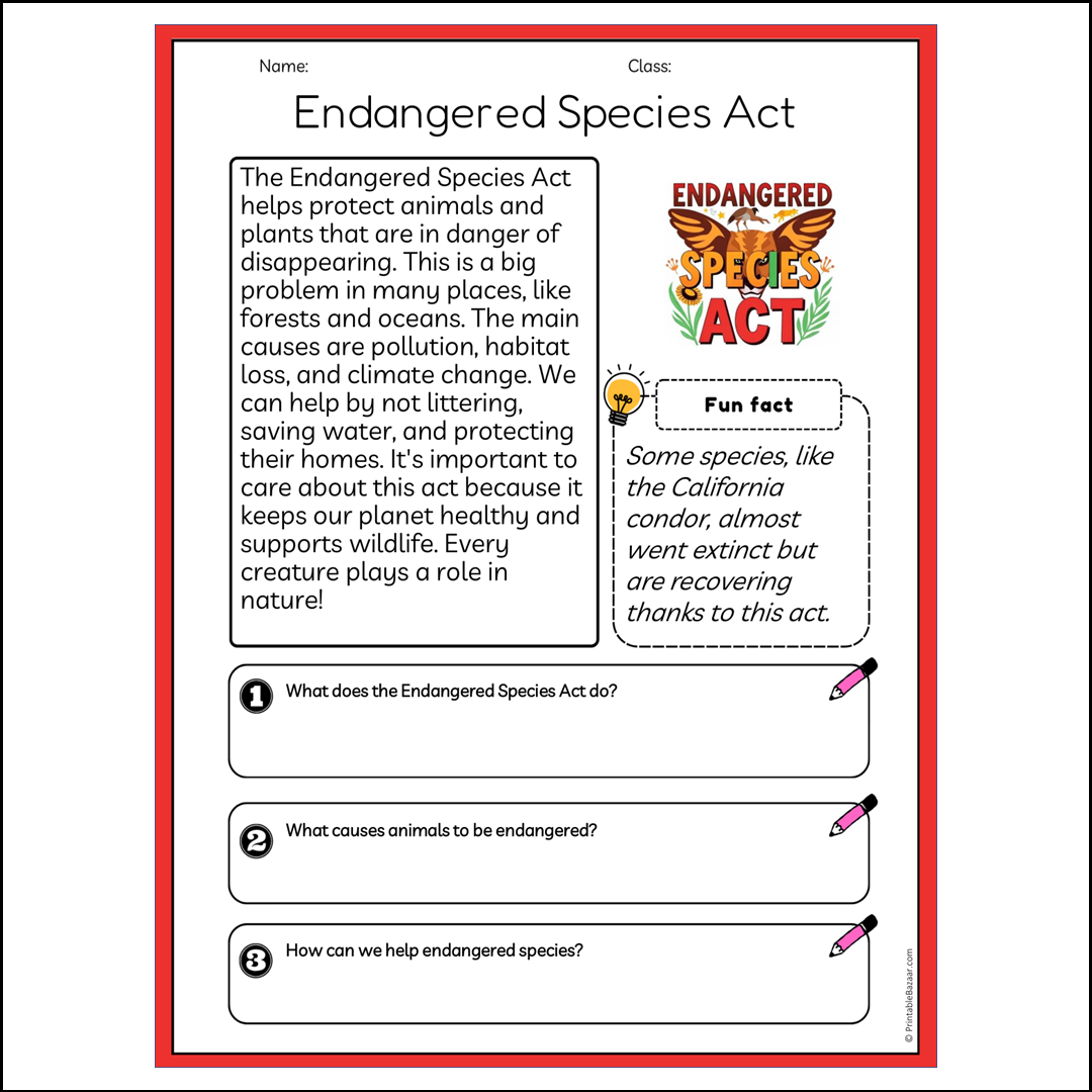 Endangered Species Act | Reading Passage Comprehension Questions Writing Facts Worksheet