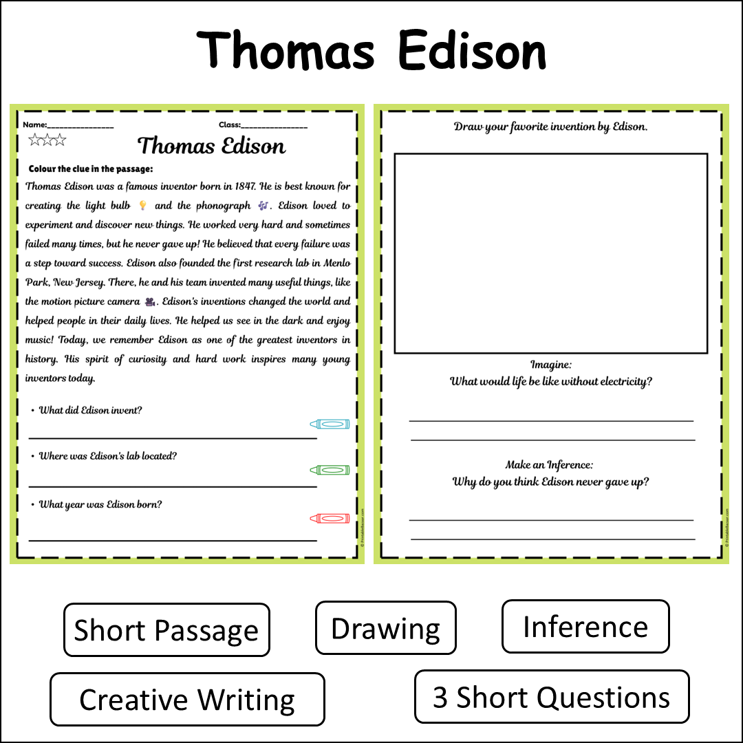 Thomas Edison | Short Reading Comprehension Creative Worksheet