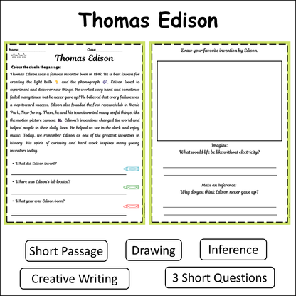 Thomas Edison | Short Reading Comprehension Creative Worksheet