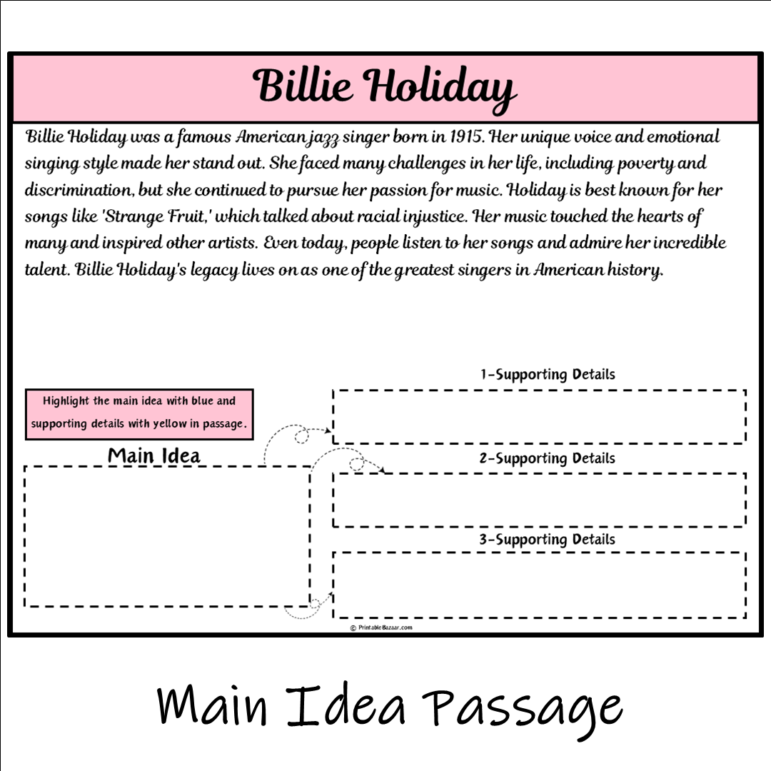 Billie Holiday | Main Idea and Supporting Details Reading Passage and Questions