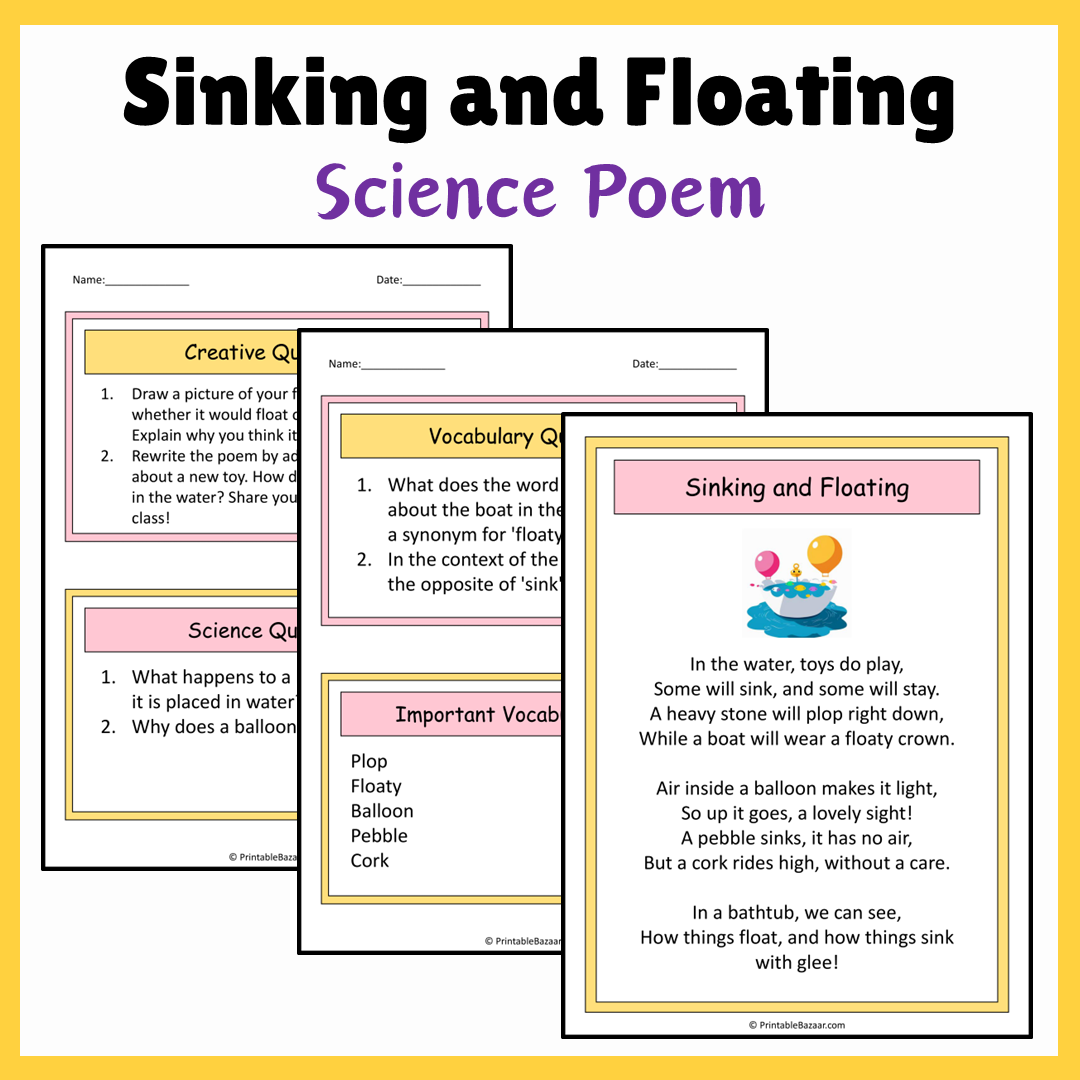 Sinking and Floating | Science Poem Reading Comprehension Activity