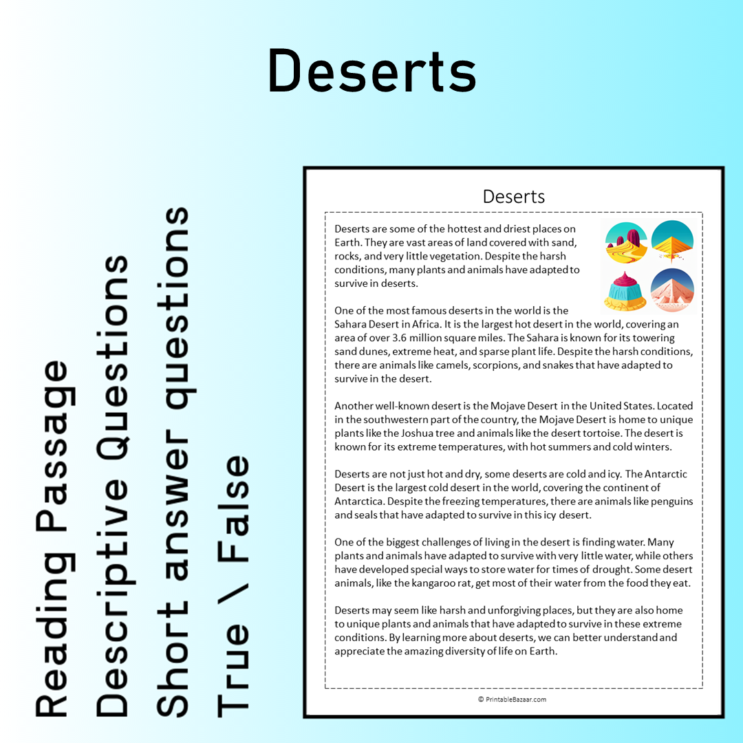 Deserts | Reading Comprehension Passage Printable Worksheet