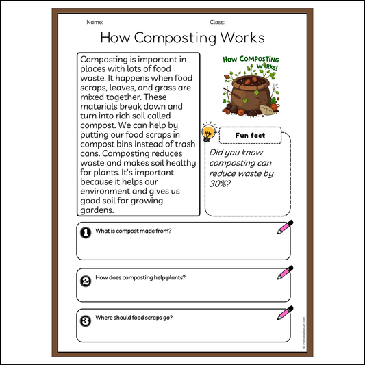 How Composting Works | Reading Passage Comprehension Questions Writing Facts Worksheet