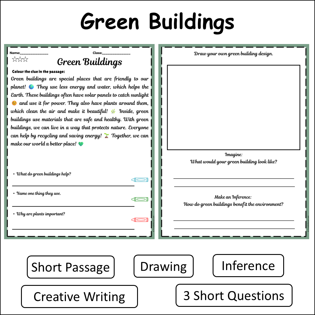 Green Buildings | Short Reading Comprehension Creative Worksheet