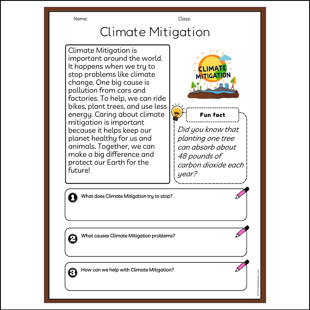 Climate Mitigation | Reading Passage Comprehension Questions Writing Facts Worksheet