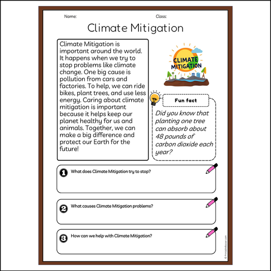 Climate Mitigation | Reading Passage Comprehension Questions Writing Facts Worksheet