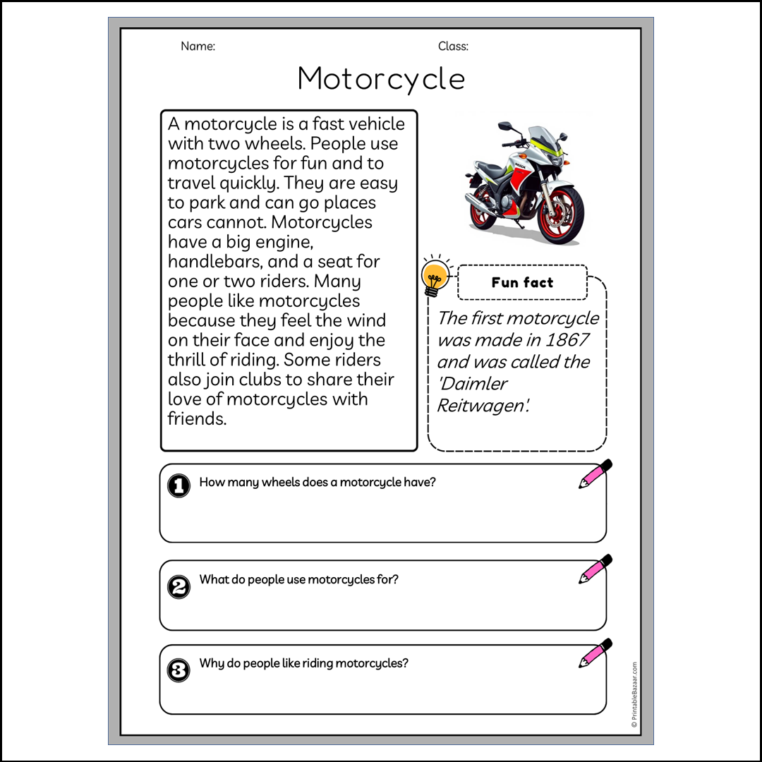 Motorcycle | Reading Passage Comprehension Questions Writing Facts Worksheet