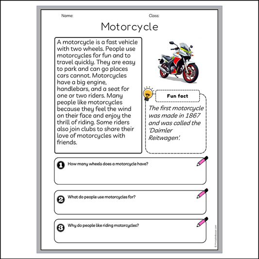 Motorcycle | Reading Passage Comprehension Questions Writing Facts Worksheet