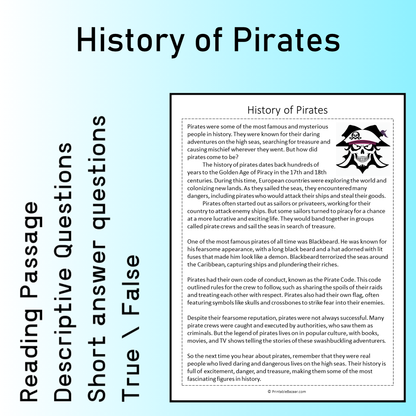 History of Pirates | Reading Comprehension Passage Printable Worksheet