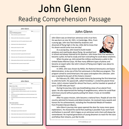 John Glenn | Reading Comprehension Passage Printable Activity