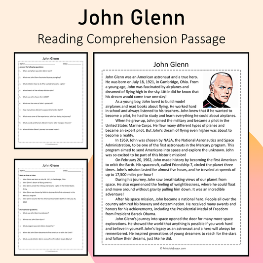 John Glenn | Reading Comprehension Passage Printable Activity