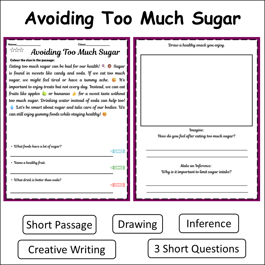 Avoiding Too Much Sugar | Short Reading Comprehension Creative Worksheet