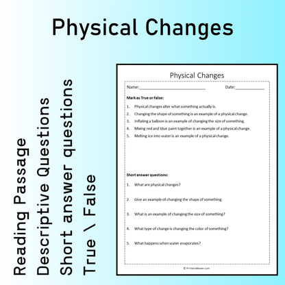 Physical Changes | Reading Comprehension Passage Printable Worksheet
