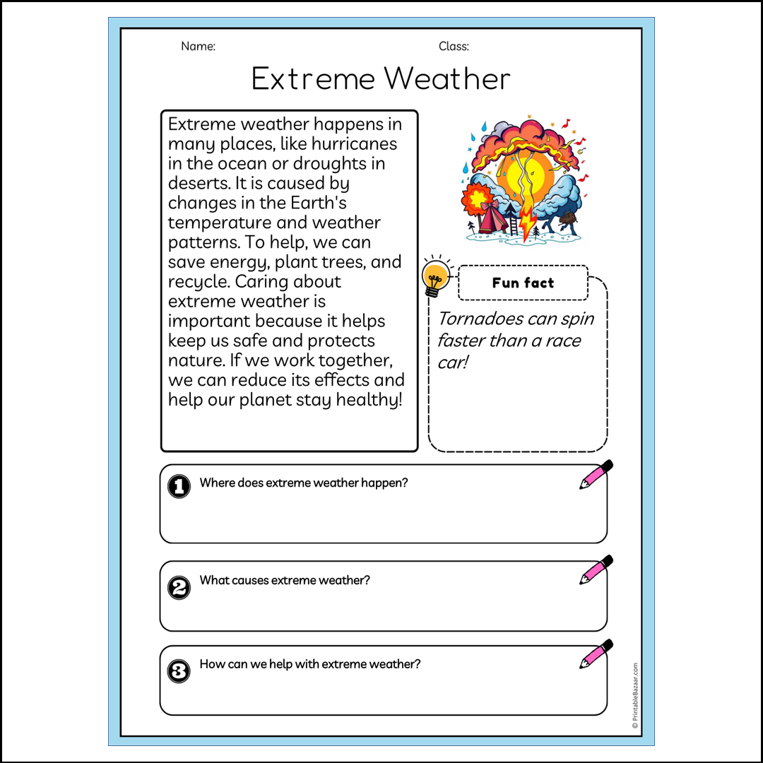 Extreme Weather | Reading Passage Comprehension Questions Writing Facts Worksheet