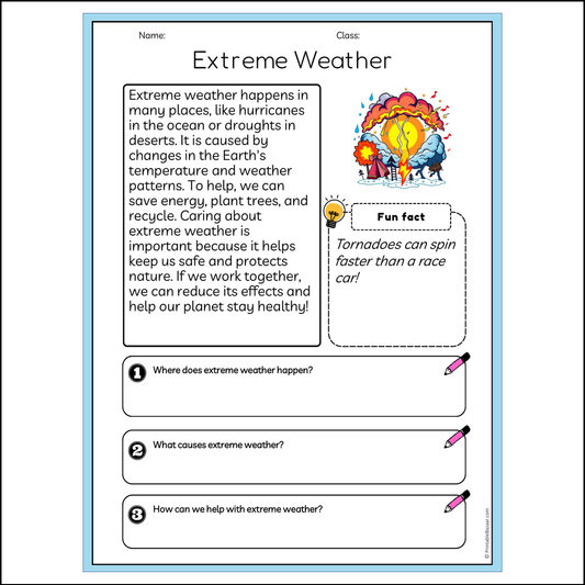 Extreme Weather | Reading Passage Comprehension Questions Writing Facts Worksheet