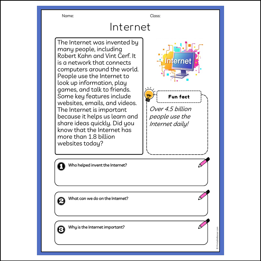 Internet | Reading Passage Comprehension Questions Writing Facts Worksheet