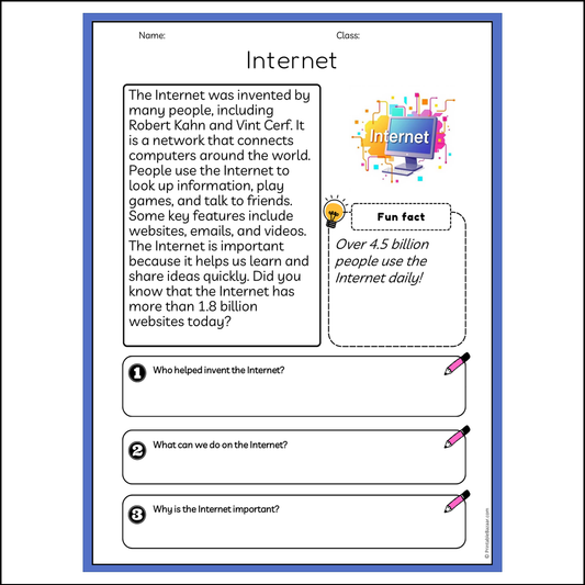 Internet | Reading Passage Comprehension Questions Writing Facts Worksheet