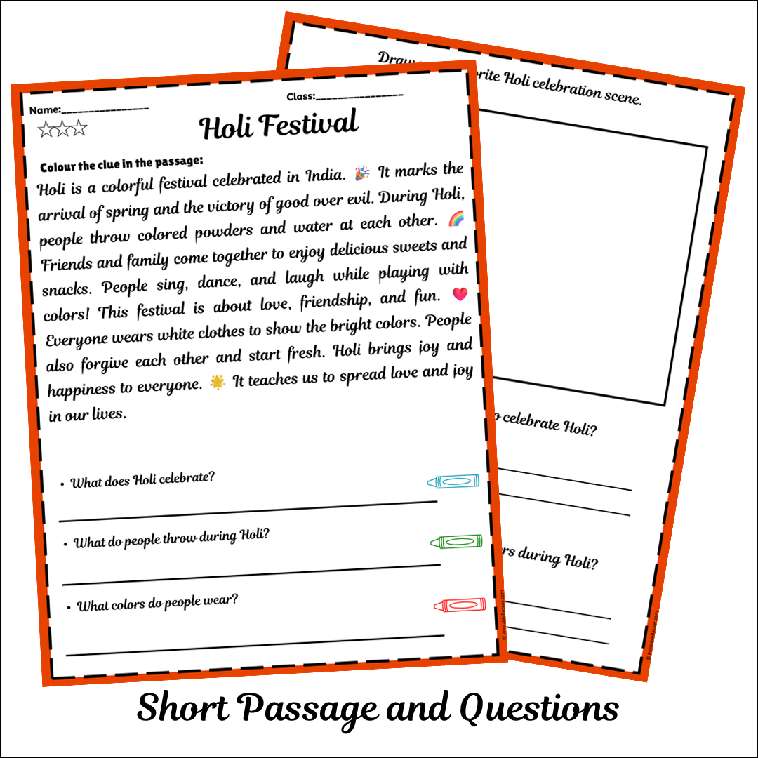 Holi Festival | Short Reading Comprehension Creative Worksheet